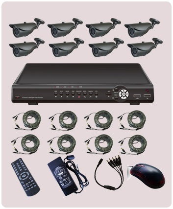  CCTV 8 Channel DVR Combo Kit. Includes 8 x 1/3"SONY 3.6mm ICX811AKA CCD Camera 700TV Line, PAL:976(H)x582(V), 24*IR LED, 20M, Weatherproof IR/IP66 Camera, DVR, Cable sets, AC Cord, No HDD  